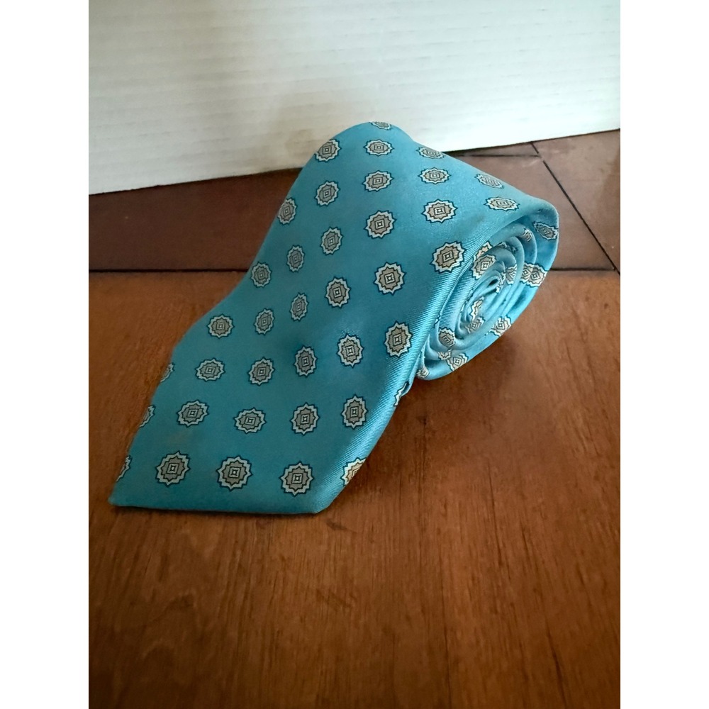 London Fog Men Teal Geometricโ Pattern Silk Necktie Tie Made in USA